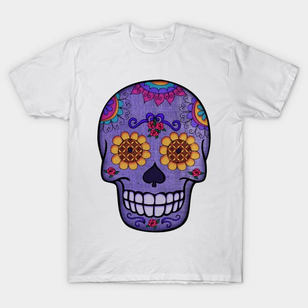 Purple Sugar Skull on Burlap T-Shirt by CheriesArt